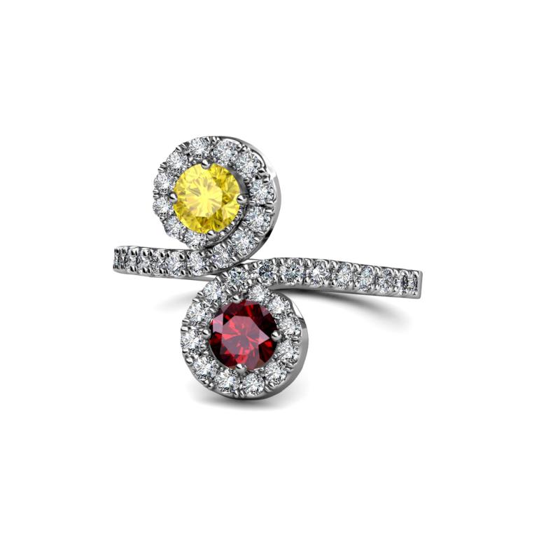 Raene Yellow Sapphire and Ruby with Side Diamonds Bypass Ring 