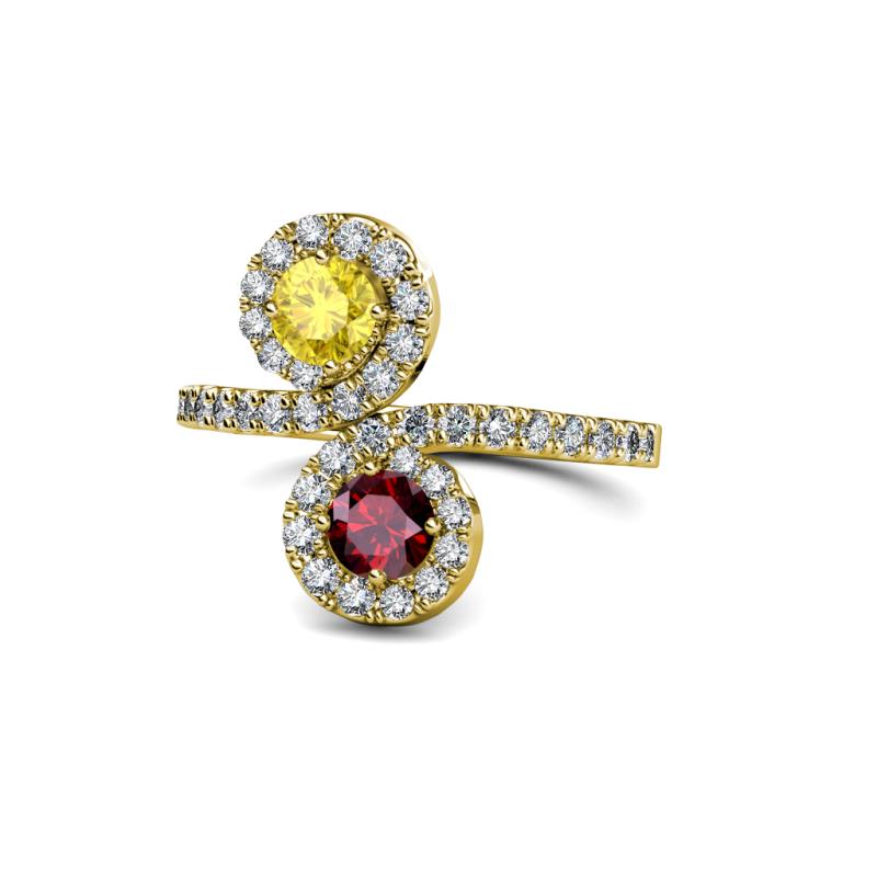 Raene Yellow Sapphire and Ruby with Side Diamonds Bypass Ring 