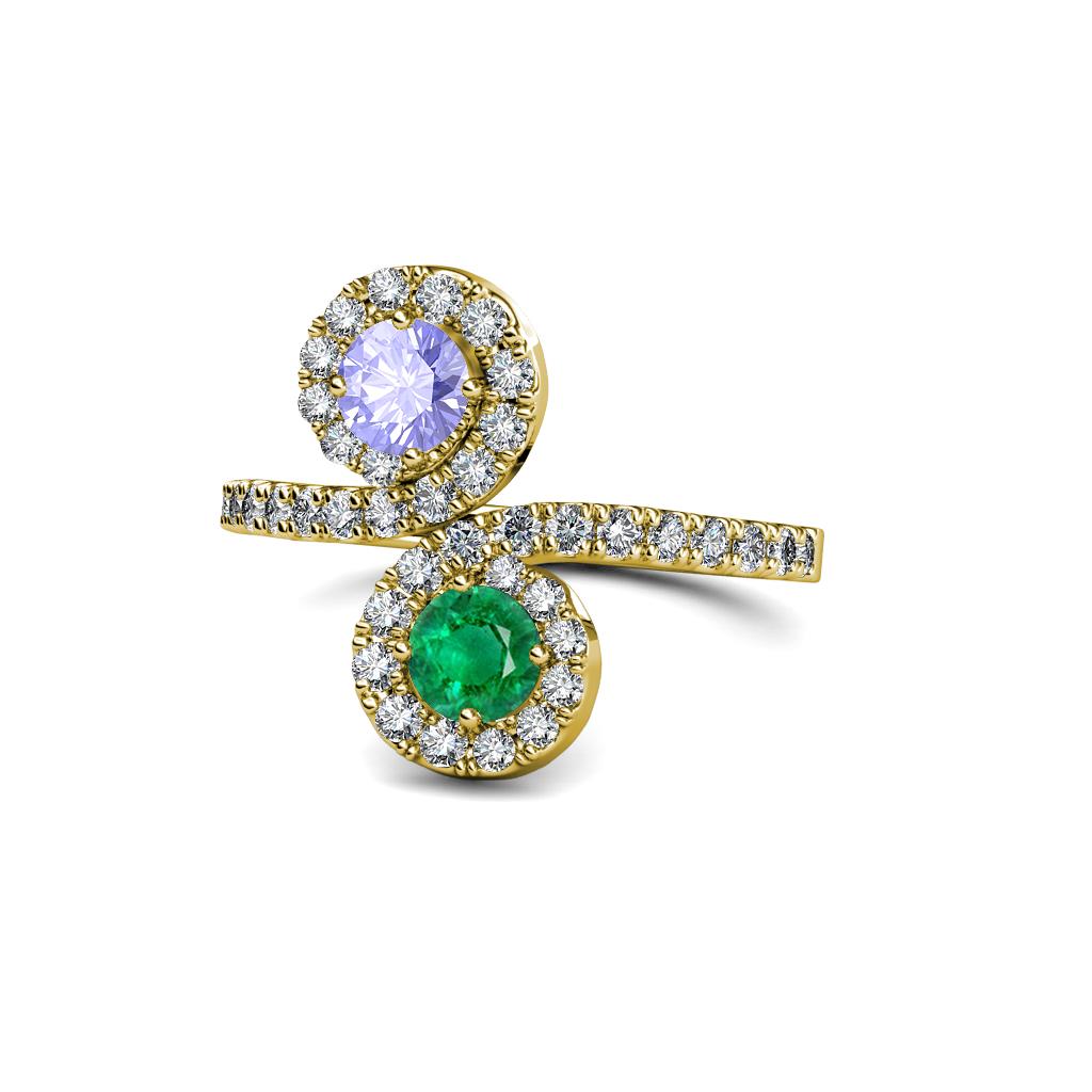Raene Tanzanite and Emerald with Side Diamonds Bypass Ring 