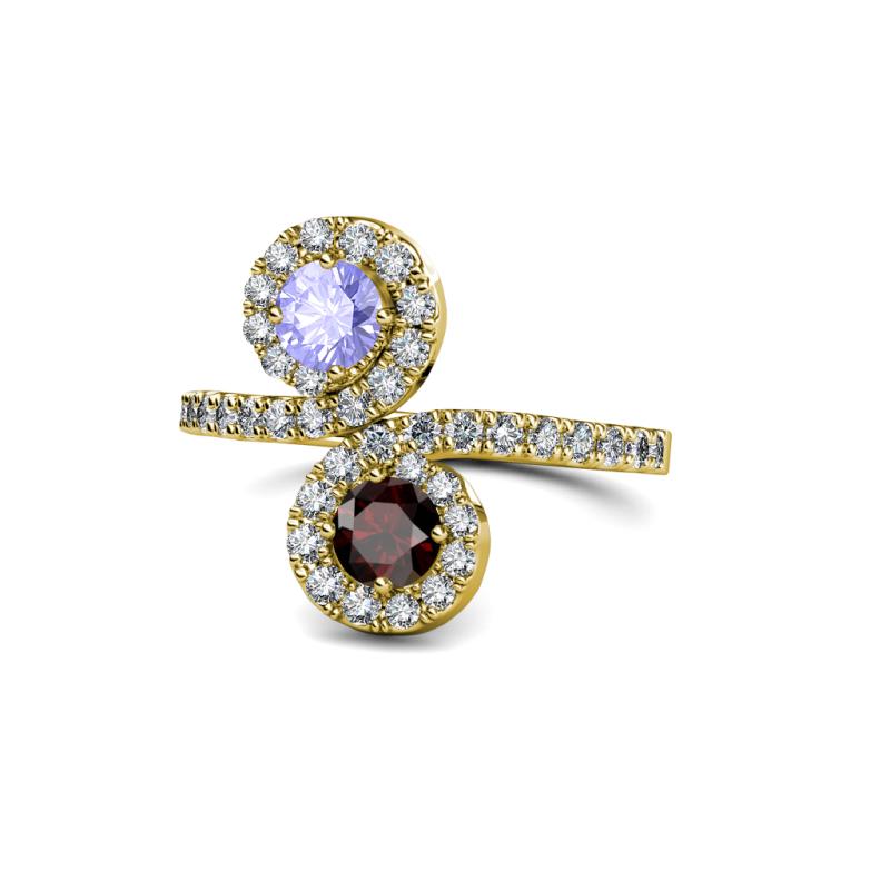 Kevia Tanzanite and Red Garnet with Side Diamonds Bypass Ring 