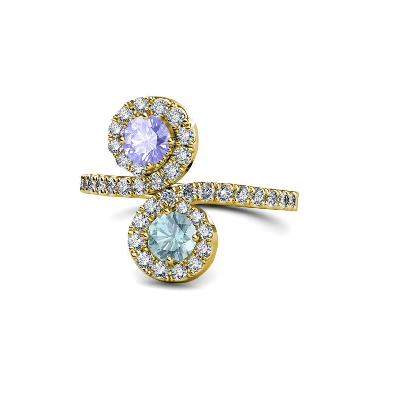 Kevia Tanzanite and Aquamarine with Side Diamonds Bypass Ring 