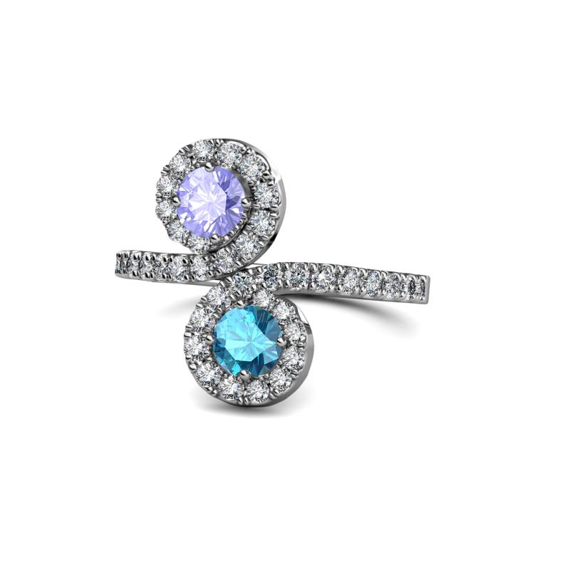 Kevia Tanzanite and London Blue Topaz with Side Diamonds Bypass Ring 