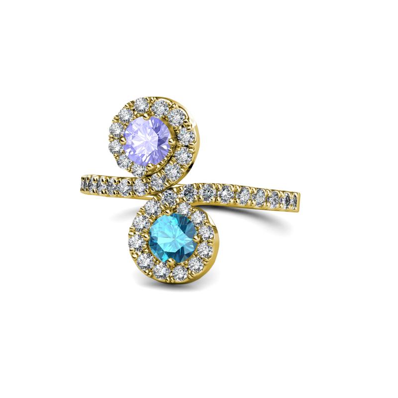 Kevia Tanzanite and London Blue Topaz with Side Diamonds Bypass Ring 