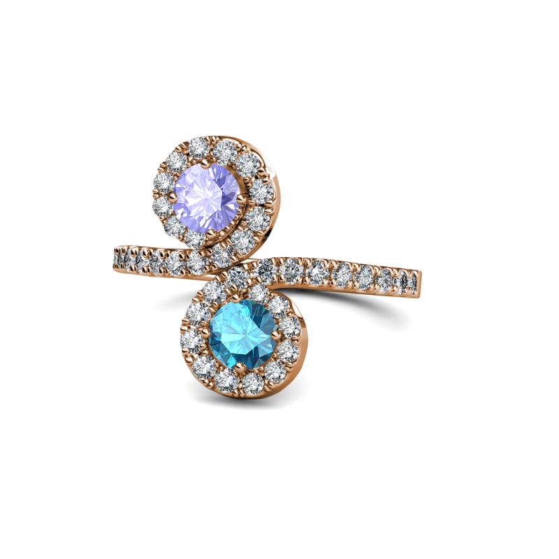 Kevia Tanzanite and London Blue Topaz with Side Diamonds Bypass Ring 