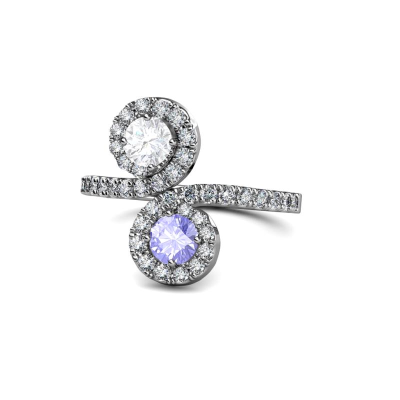 Kevia White Sapphire and Tanzanite with Side Diamonds Bypass Ring 