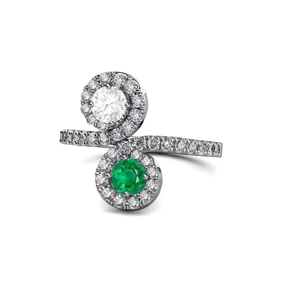 Raene White Sapphire and Emerald with Side Diamonds Bypass Ring 