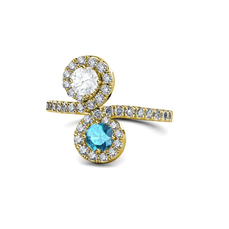 Raene White Sapphire and London Blue Topaz with Side Diamonds Bypass Ring 