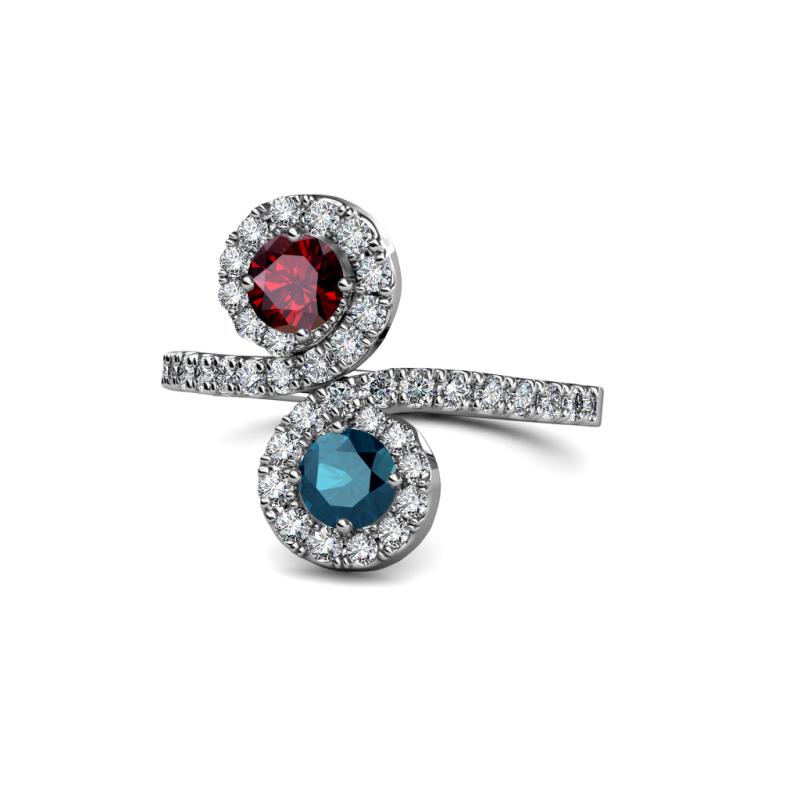 Kevia Ruby and Blue Diamond with Side Diamonds Bypass Ring 