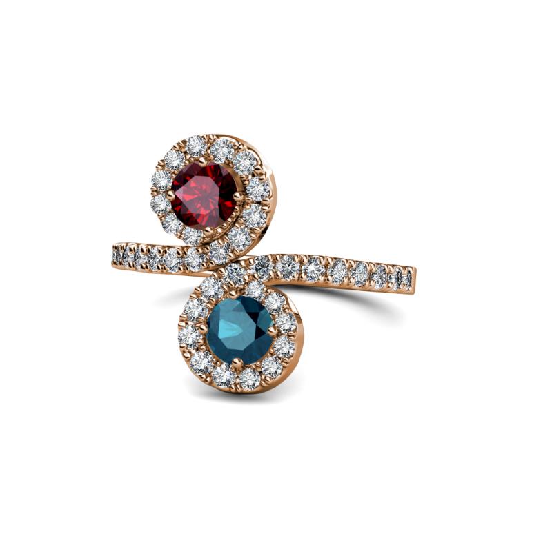 Kevia Ruby and Blue Diamond with Side Diamonds Bypass Ring 