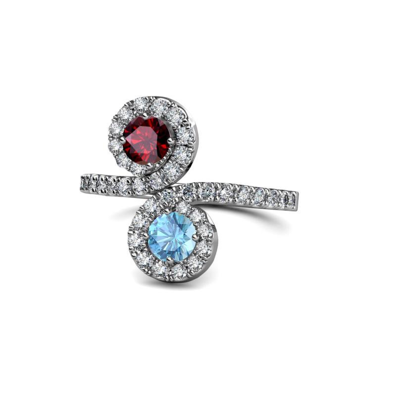 Kevia Ruby and Blue Topaz with Side Diamonds Bypass Ring 