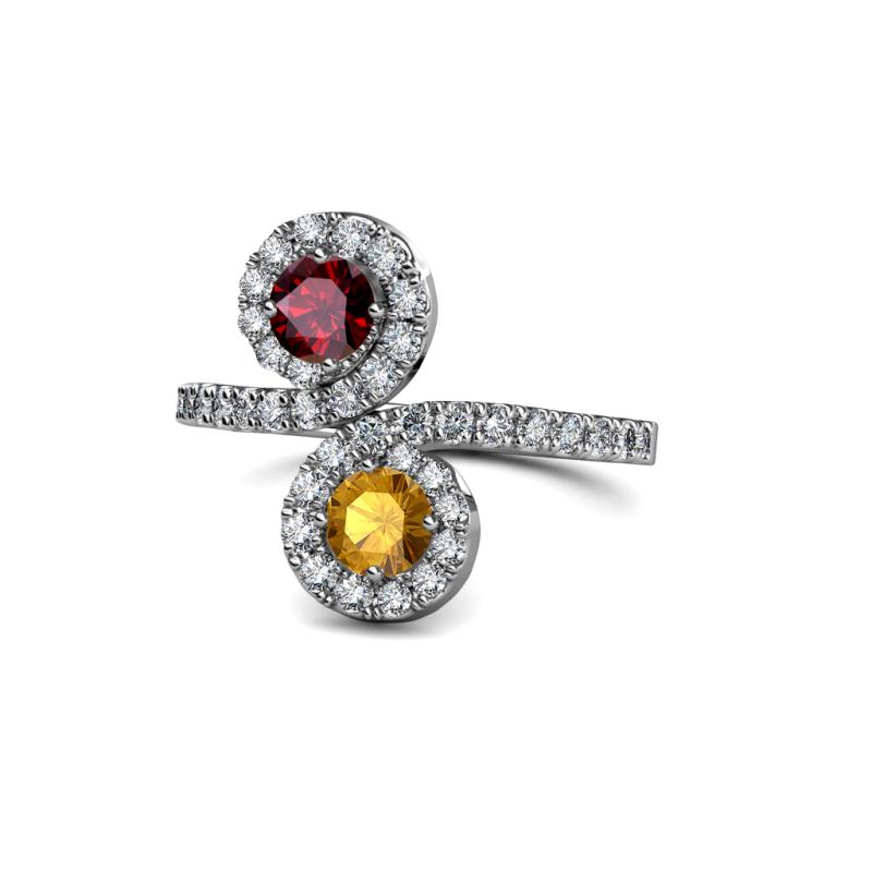 Kevia Ruby and Citrine with Side Diamonds Bypass Ring 