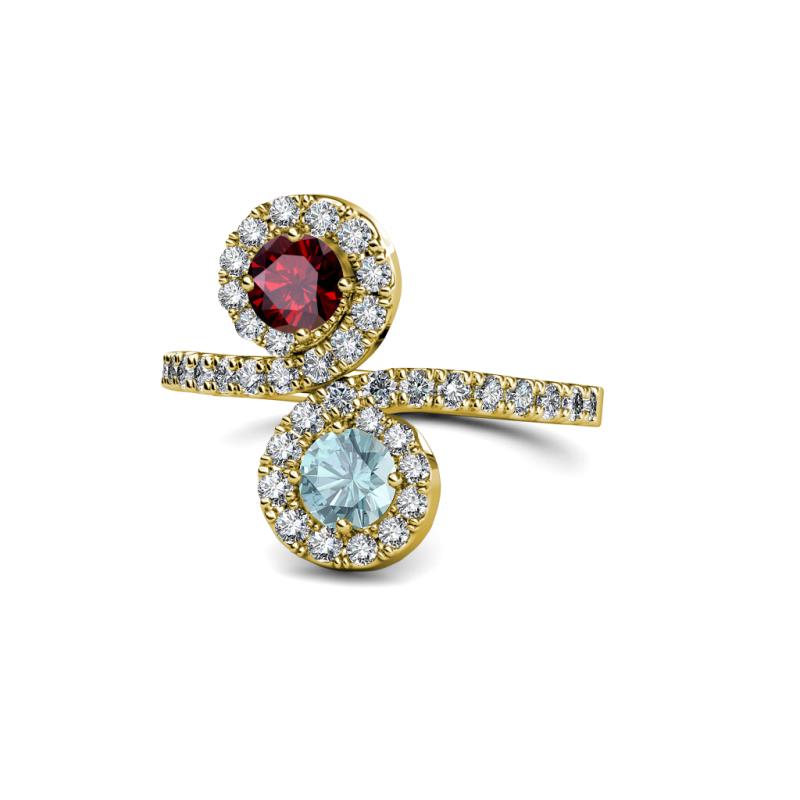 Kevia Ruby and Aquamarine with Side Diamonds Bypass Ring 
