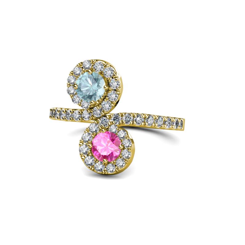 Raene Aquamarine and Pink Sapphire with Side Diamonds Bypass Ring 