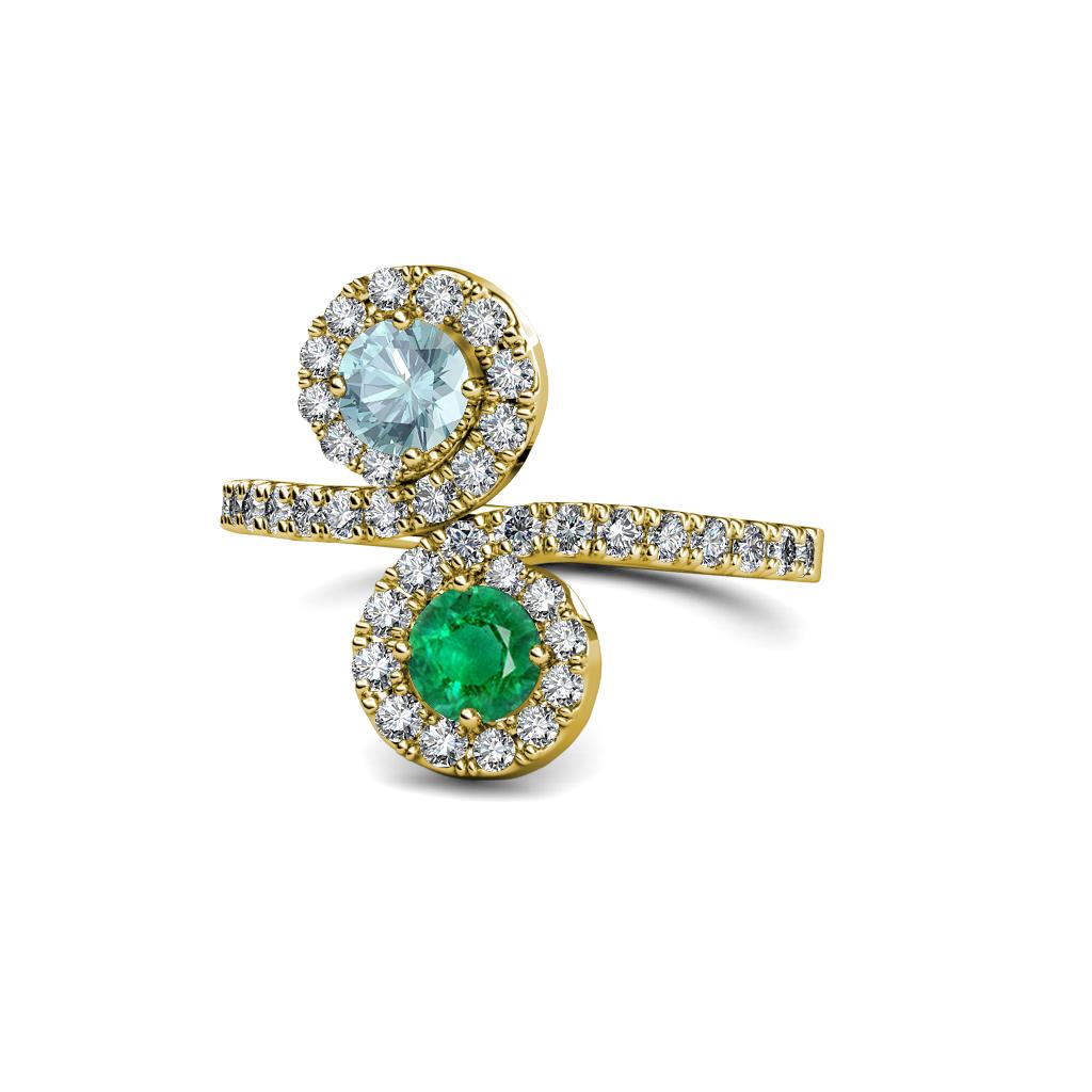 Kevia Aquamarine and Emerald with Side Diamonds Bypass Ring 