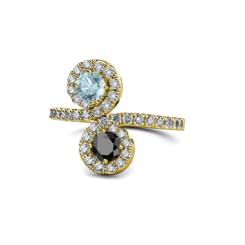 Kevia Aquamarine and Black Diamond with Side Diamonds Bypass Ring 