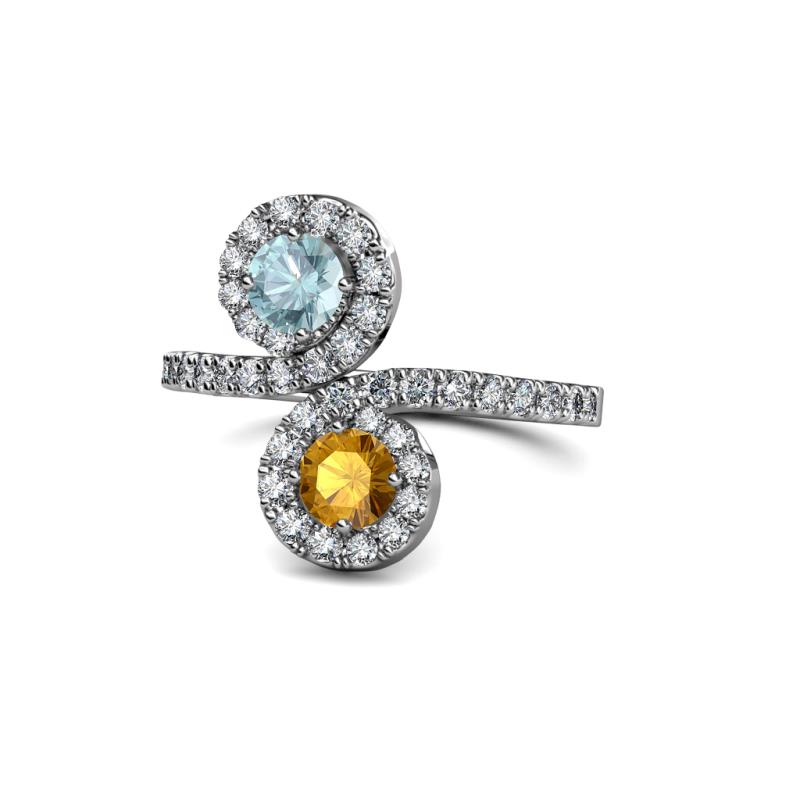 Kevia Aquamarine and Citrine with Side Diamonds Bypass Ring 