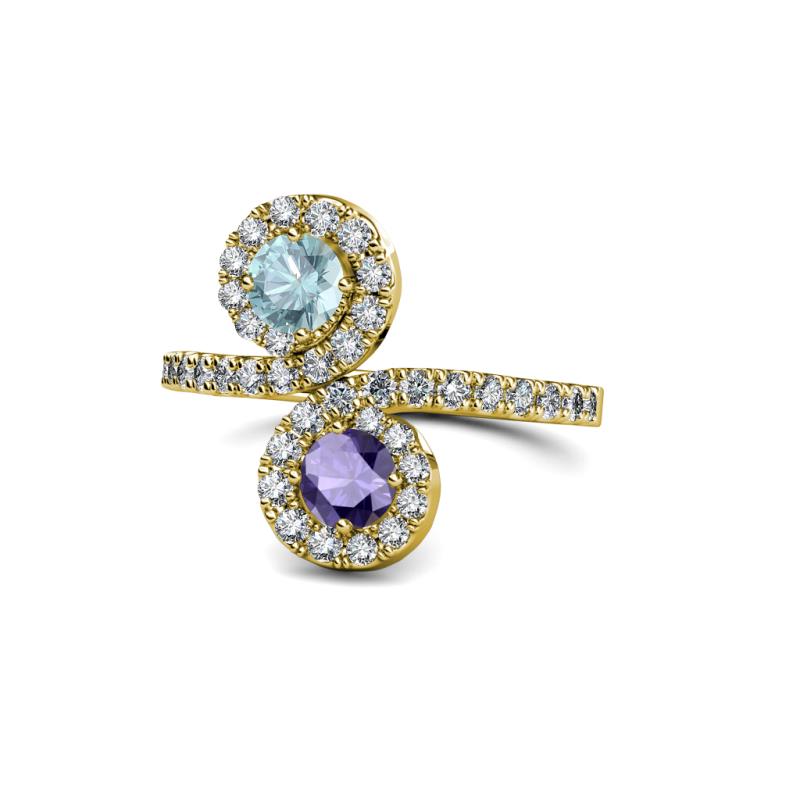 Raene Aquamarine and Iolite with Side Diamonds Bypass Ring 