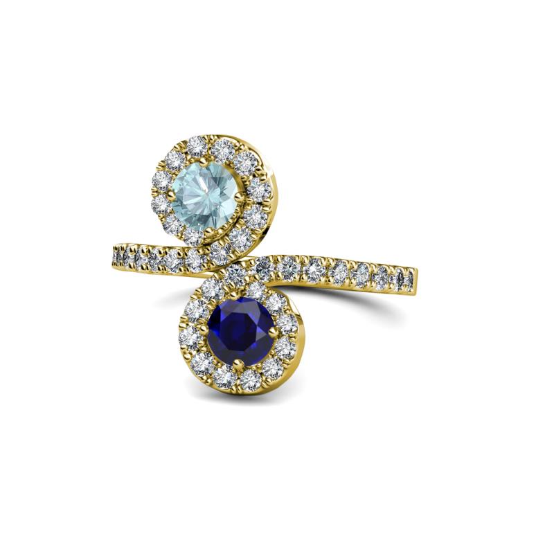 Kevia Aquamarine and Blue Sapphire with Side Diamonds Bypass Ring 
