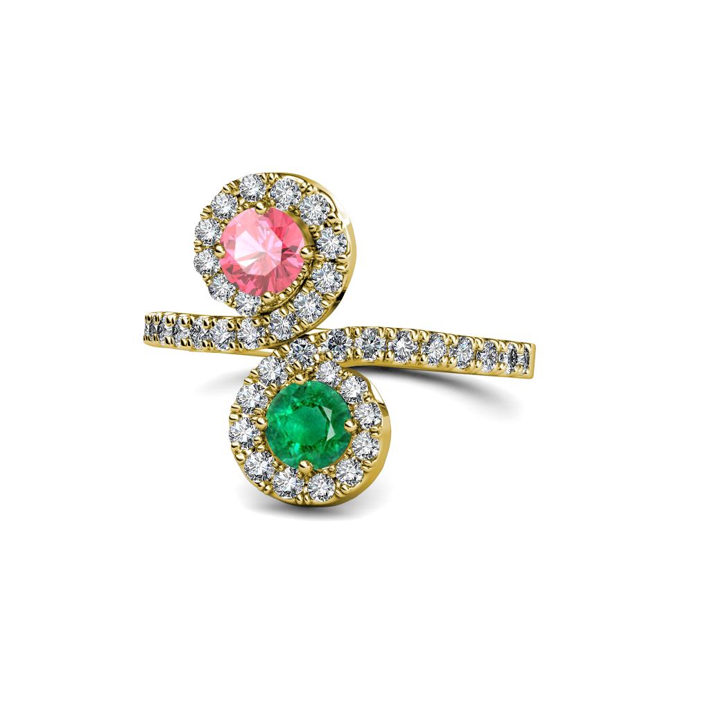 Kevia Pink Tourmaline and Emerald with Side Diamonds Bypass Ring 
