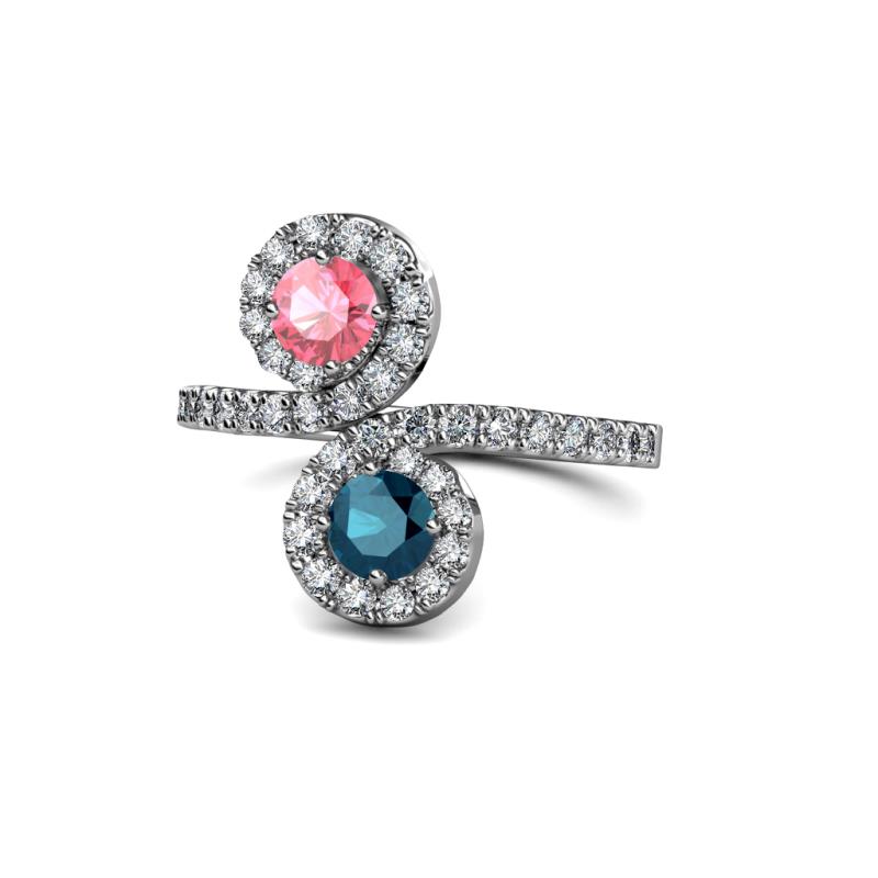 Kevia Pink Tourmaline and Blue Diamond with Side Diamonds Bypass Ring 