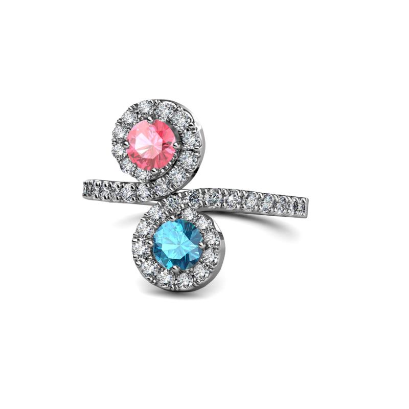 Raene Pink Tourmaline and London Blue Topaz with Side Diamonds Bypass Ring 