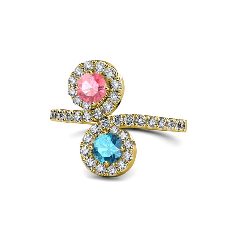 Raene Pink Tourmaline and London Blue Topaz with Side Diamonds Bypass Ring 