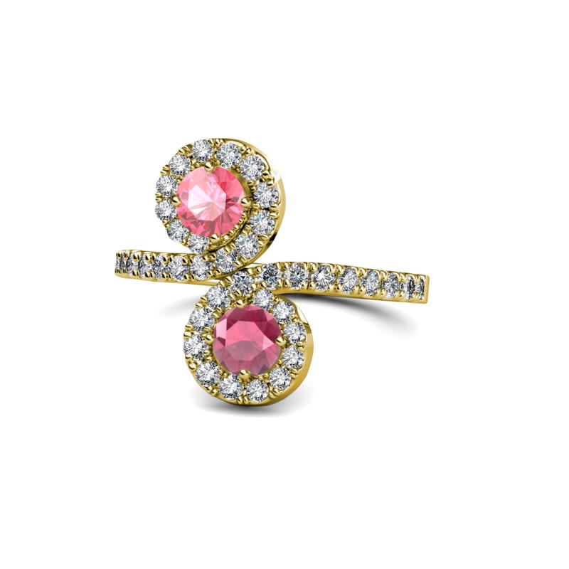 Kevia Pink Tourmaline and Rhodolite Garnet with Side Diamonds Bypass Ring 