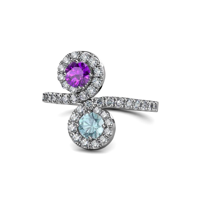 Kevia Amethyst and Aquamarine with Side Diamonds Bypass Ring 