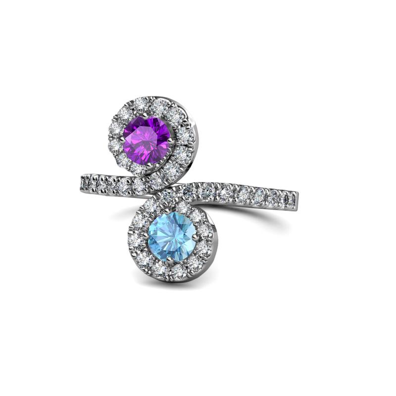 Raene Amethyst and Blue Topaz with Side Diamonds Bypass Ring 