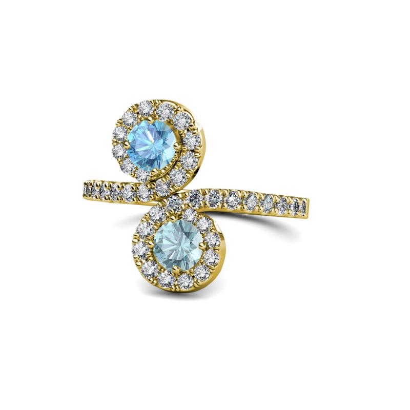 Raene Blue Topaz and Aquamarine with Side Diamonds Bypass Ring 