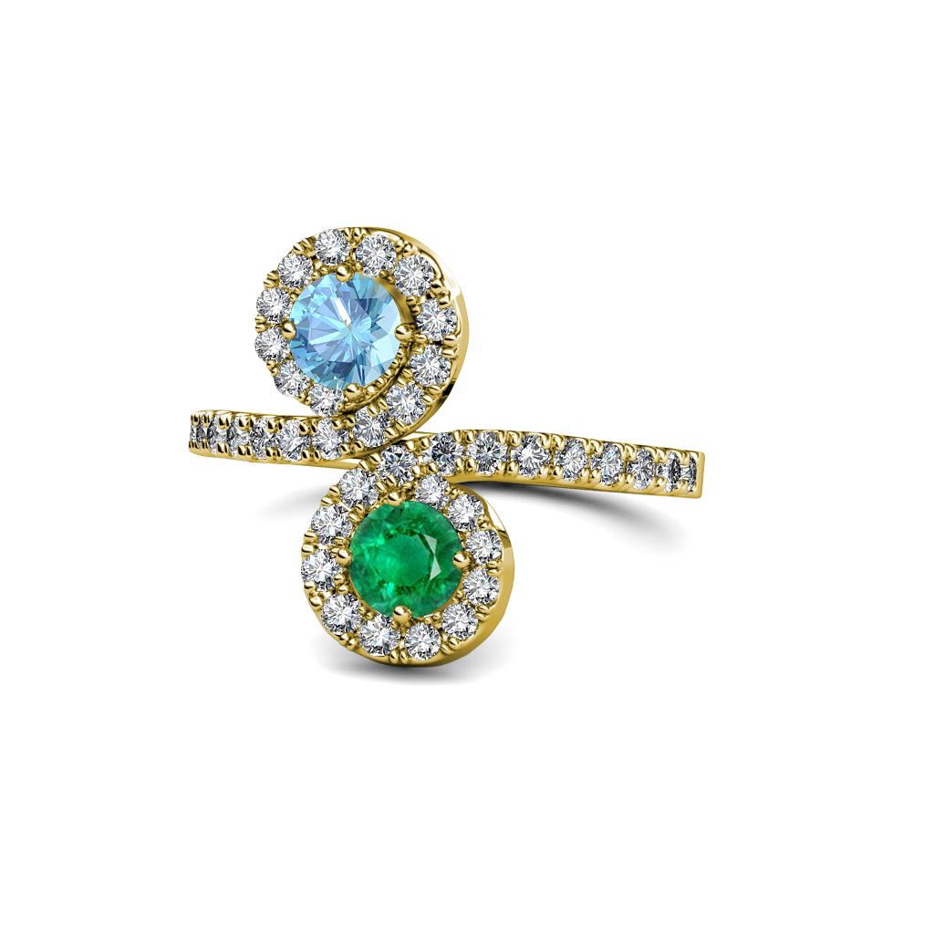 Kevia Blue Topaz and Emerald with Side Diamonds Bypass Ring 