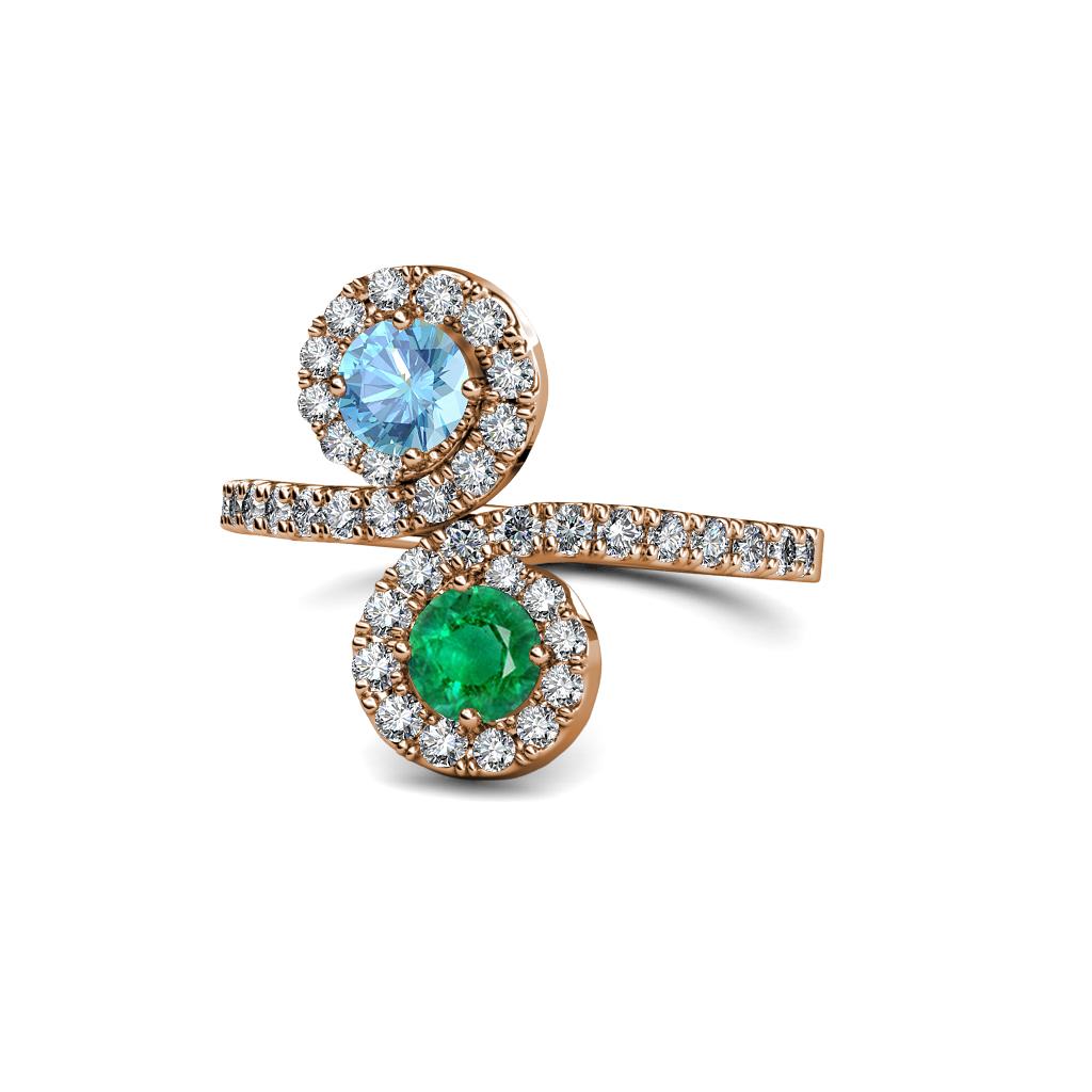 Kevia Blue Topaz and Emerald with Side Diamonds Bypass Ring 