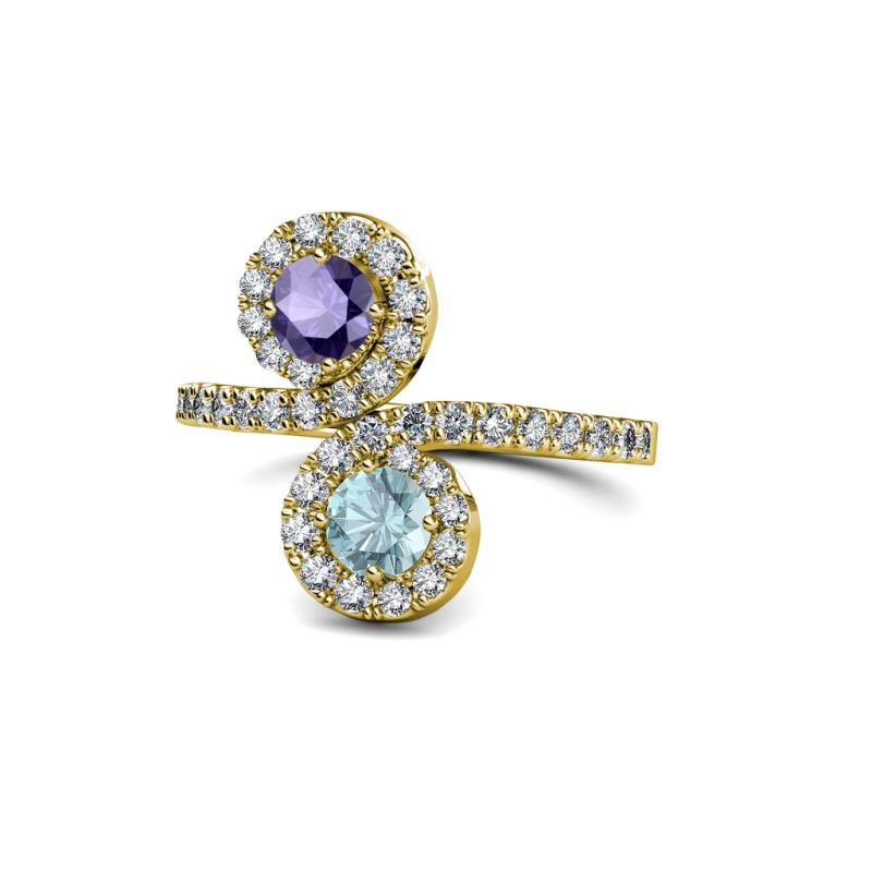 Kevia Iolite and Aquamarine with Side Diamonds Bypass Ring 