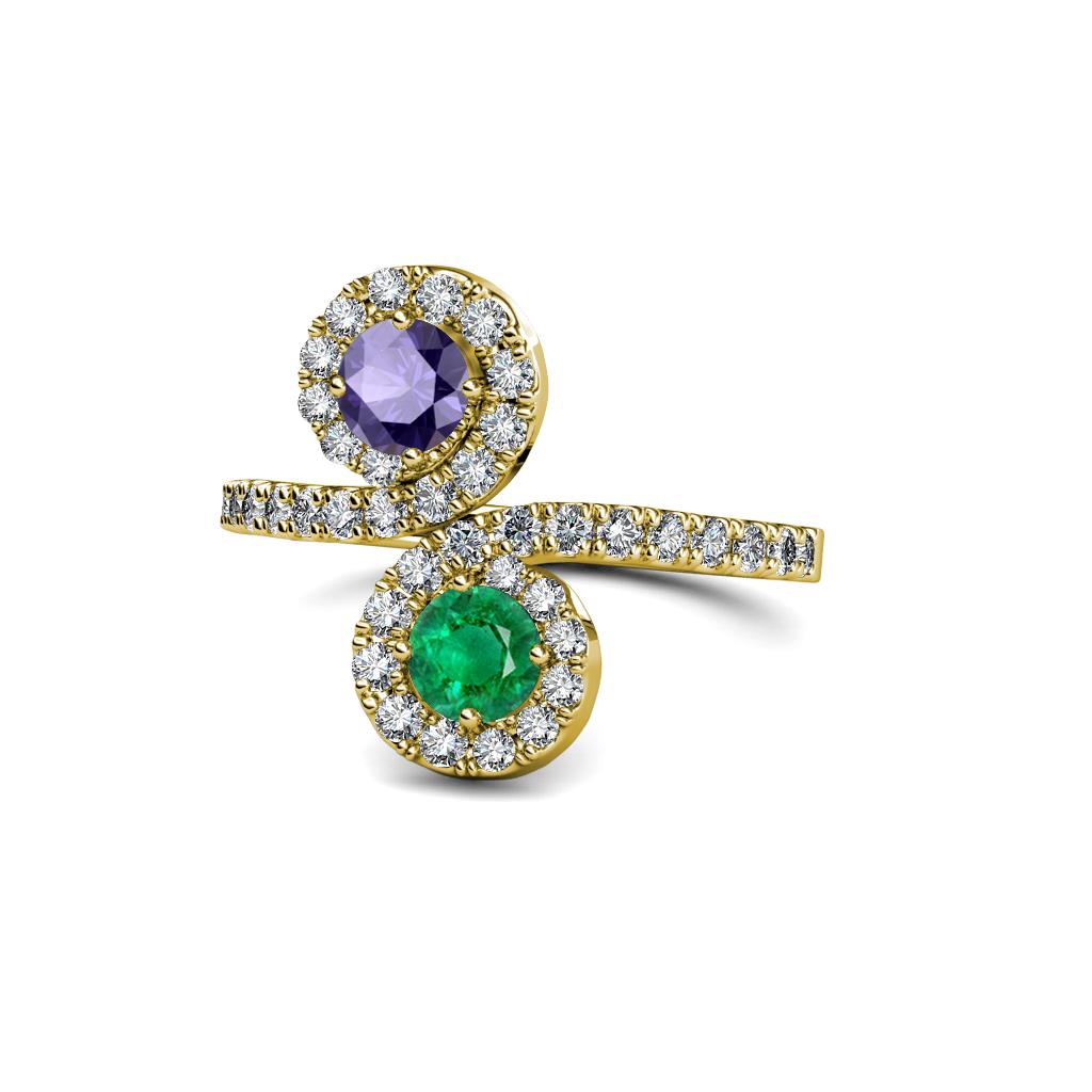 Raene Iolite and Emerald with Side Diamonds Bypass Ring 