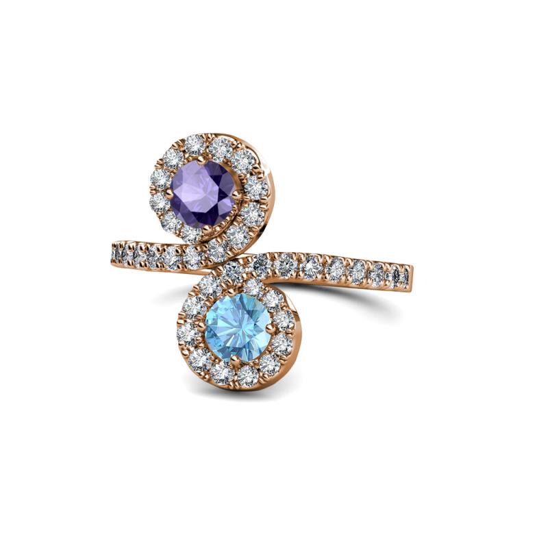 Kevia Iolite and Blue Topaz with Side Diamonds Bypass Ring 