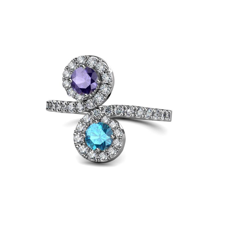 Raene Iolite and London Blue Topaz with Side Diamonds Bypass Ring 