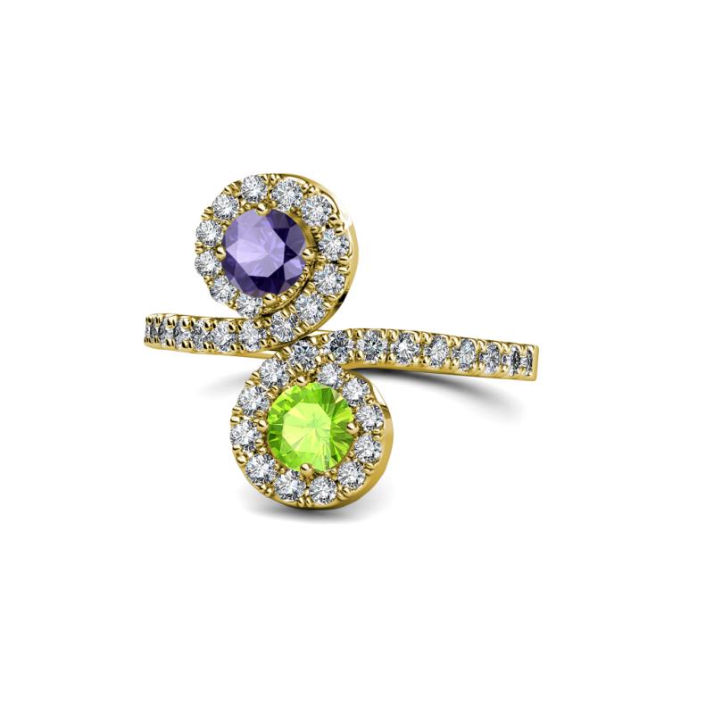 Raene Iolite and Peridot with Side Diamonds Bypass Ring 