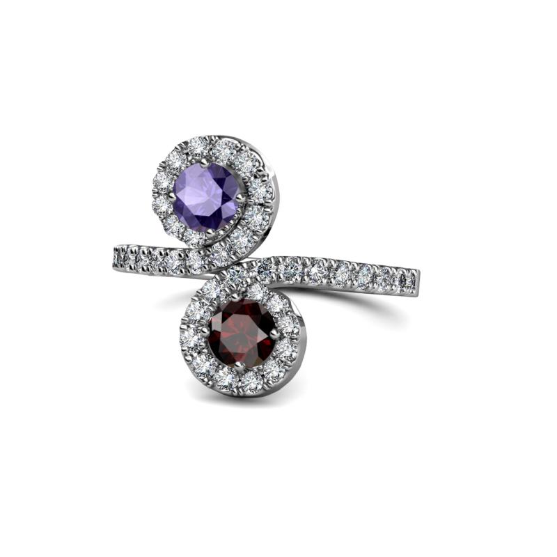 Kevia Iolite and Red Garnet with Side Diamonds Bypass Ring 