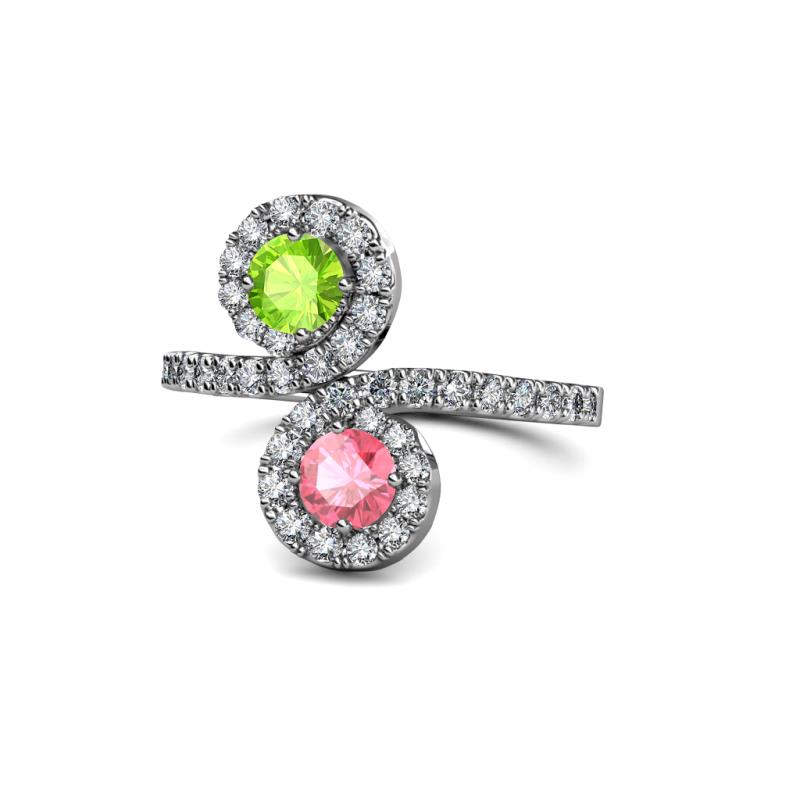 Kevia Peridot and Pink Tourmaline with Side Diamonds Bypass Ring 