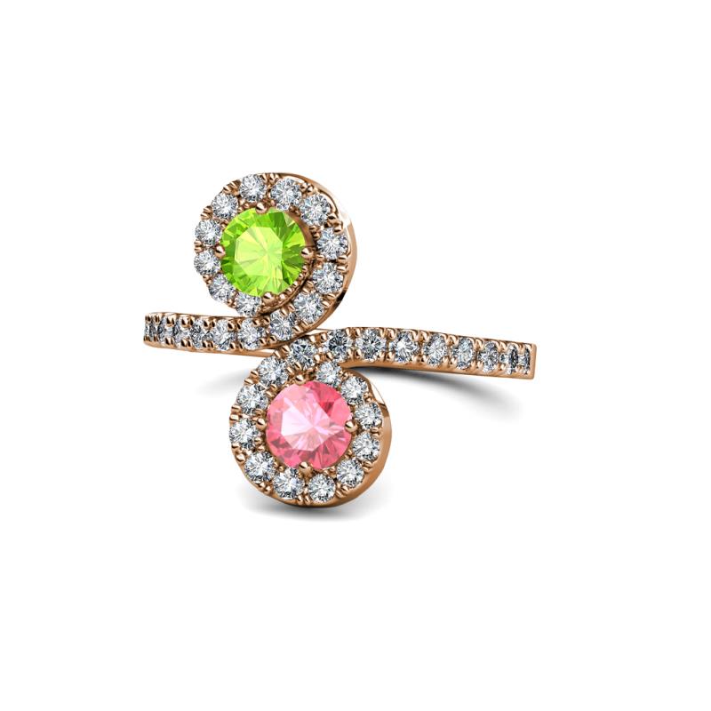 Kevia Peridot and Pink Tourmaline with Side Diamonds Bypass Ring 