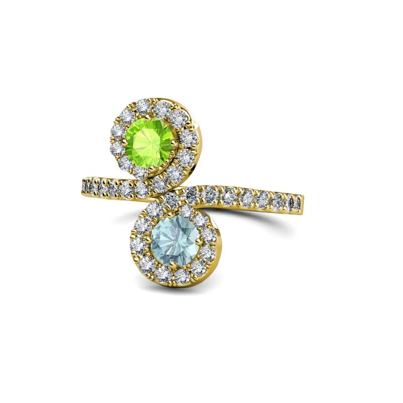 Raene Peridot and Aquamarine with Side Diamonds Bypass Ring 