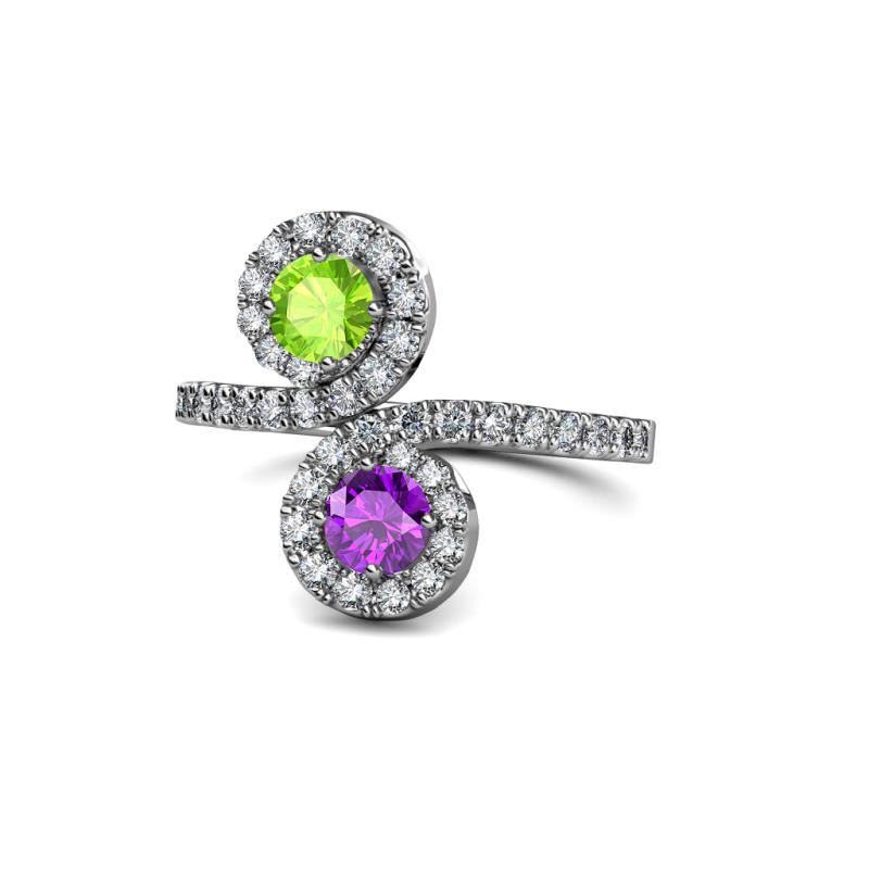 Kevia Peridot and Amethyst with Side Diamonds Bypass Ring 