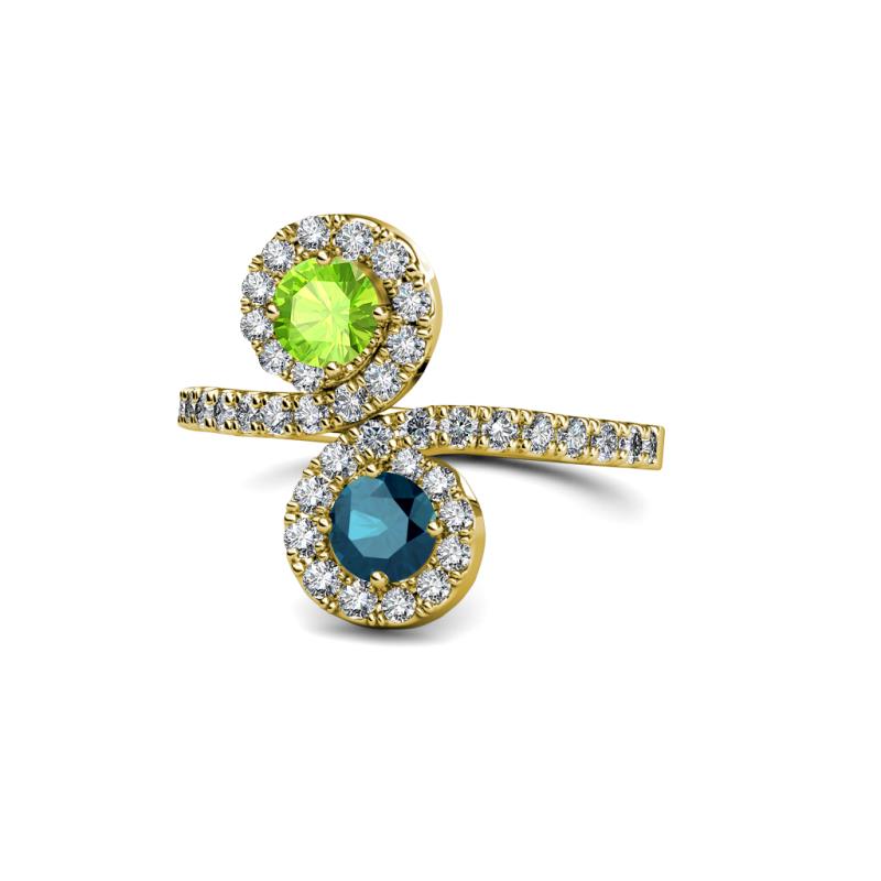 Kevia Peridot and Blue Diamond with Side Diamonds Bypass Ring 
