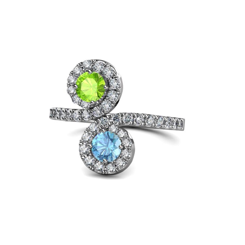 Raene Peridot and Blue Topaz with Side Diamonds Bypass Ring 