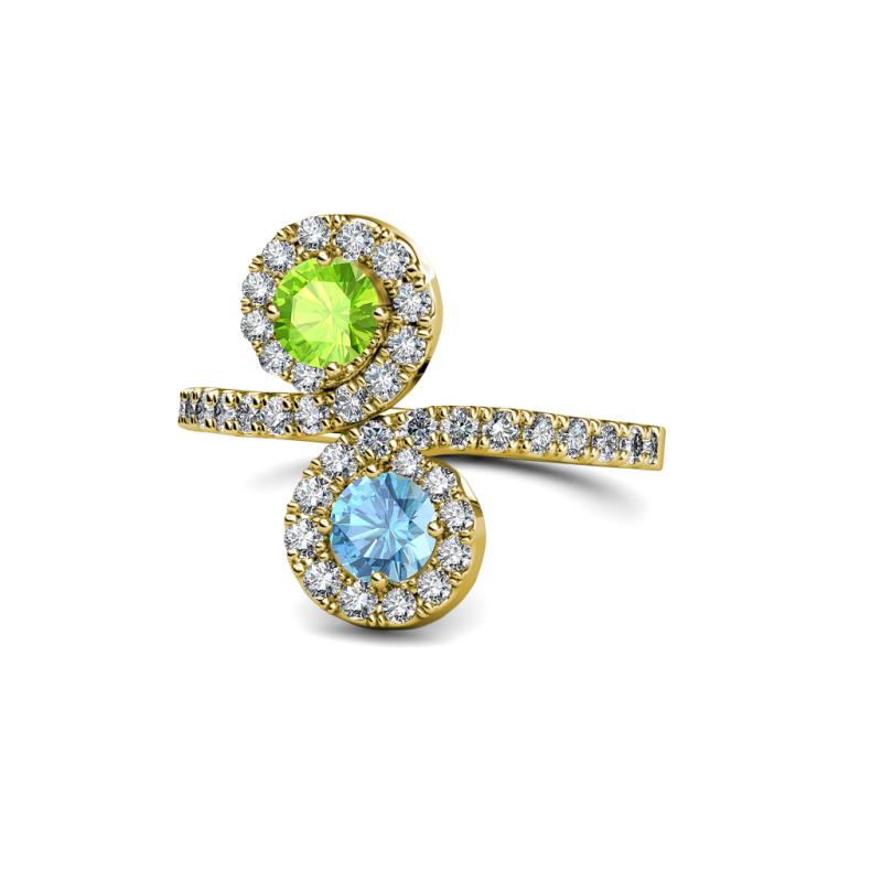 Kevia Peridot and Blue Topaz with Side Diamonds Bypass Ring 
