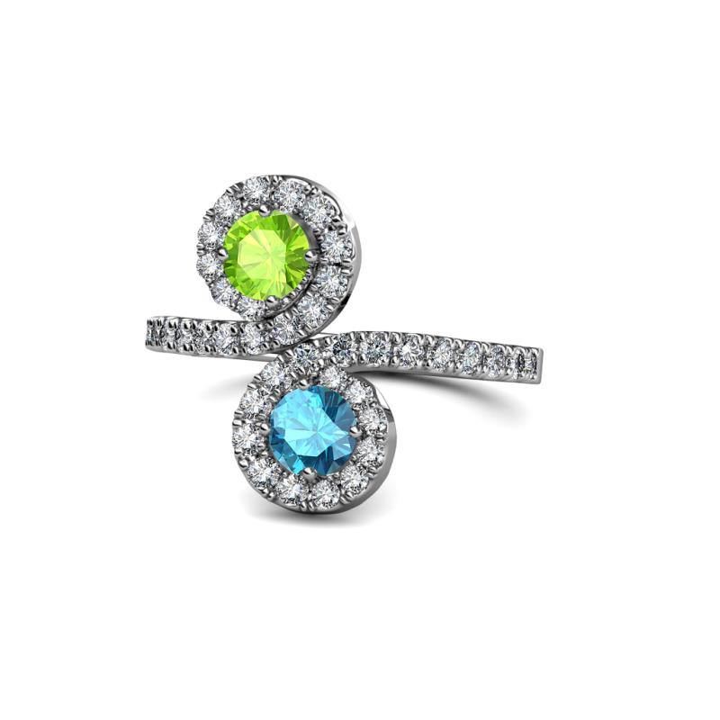 Raene Peridot and London Blue Topaz with Side Diamonds Bypass Ring 