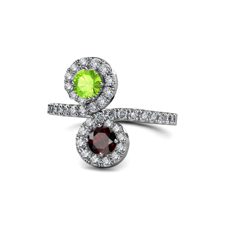 Raene Peridot and Red Garnet with Side Diamonds Bypass Ring 