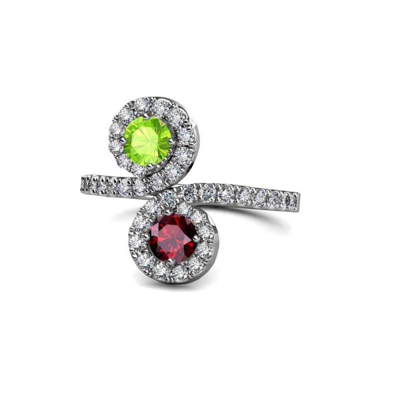 Kevia Peridot and Ruby with Side Diamonds Bypass Ring 