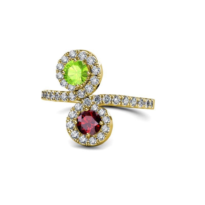 Kevia Peridot and Ruby with Side Diamonds Bypass Ring 