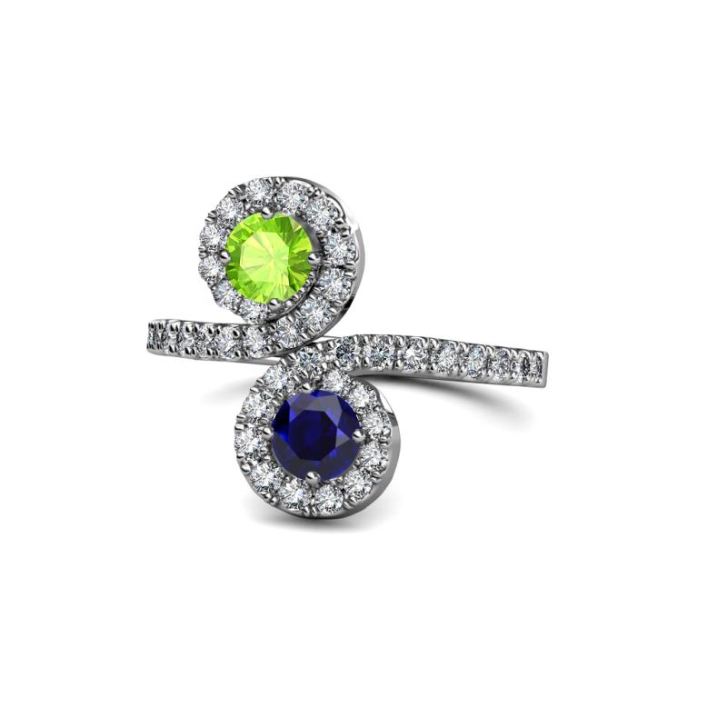 Raene Peridot and Blue Sapphire with Side Diamonds Bypass Ring 